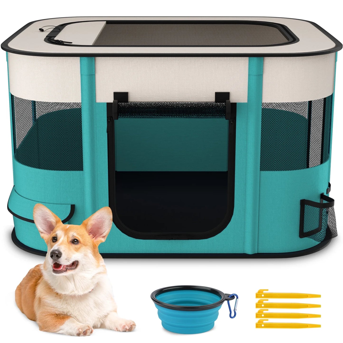 Pet Playpen, Foldable Portable Dog Cat Playpens Exercise Kennel Tent, Removable Shade Cover, Indoor Outdoor Travel Camping Use(L)