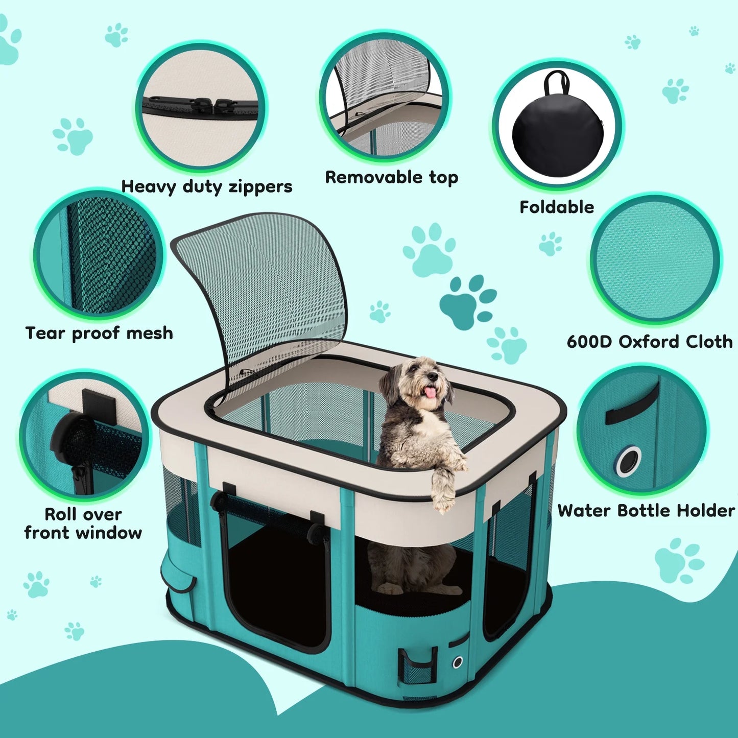 Pet Playpen, Foldable Portable Dog Cat Playpens Exercise Kennel Tent, Removable Shade Cover, Indoor Outdoor Travel Camping Use(L)
