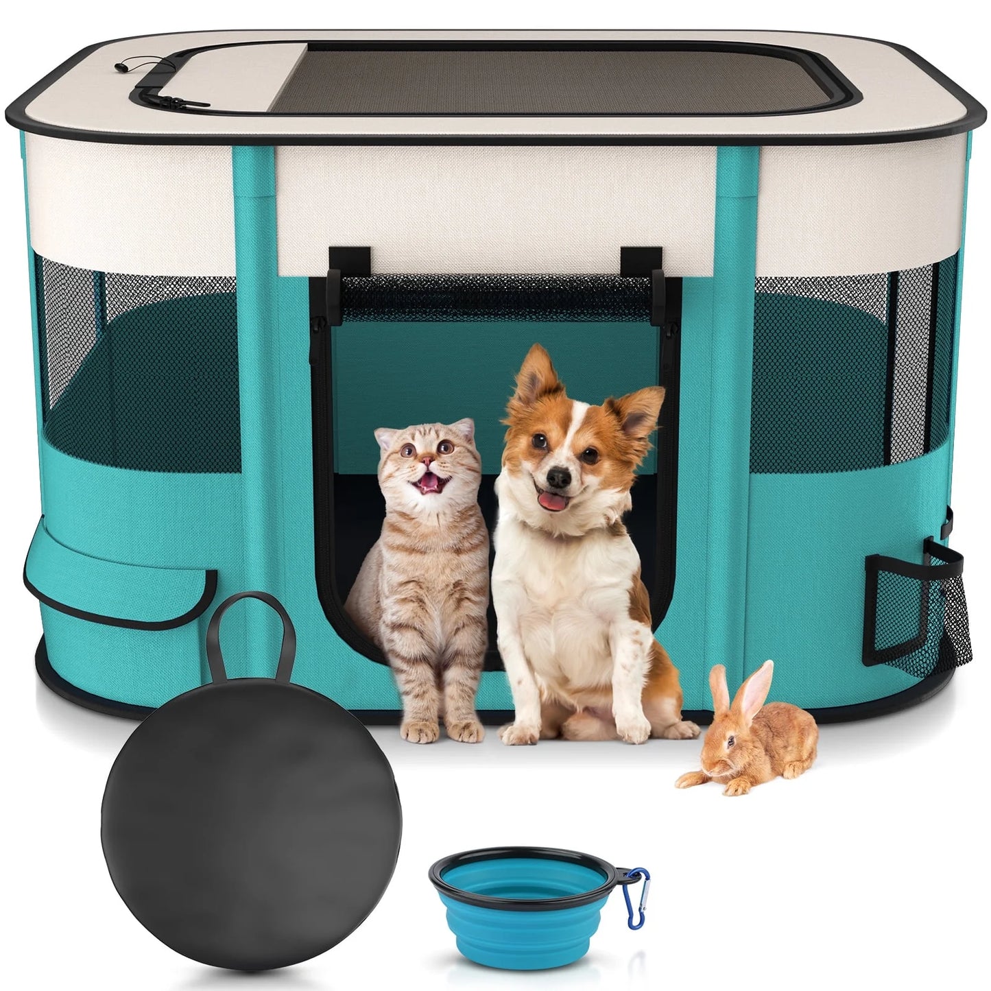 Pet Playpen, Foldable Portable Dog Cat Playpens Exercise Kennel Tent, Removable Shade Cover, Indoor Outdoor Travel Camping Use(L)