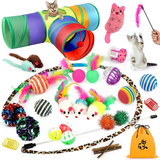 37 PCS Cat Toys, Interactive Kitten Toys for Indoor Kitty, Variety Catnip Toy Set Including Collapsible Cat Tunnel Tube Tent