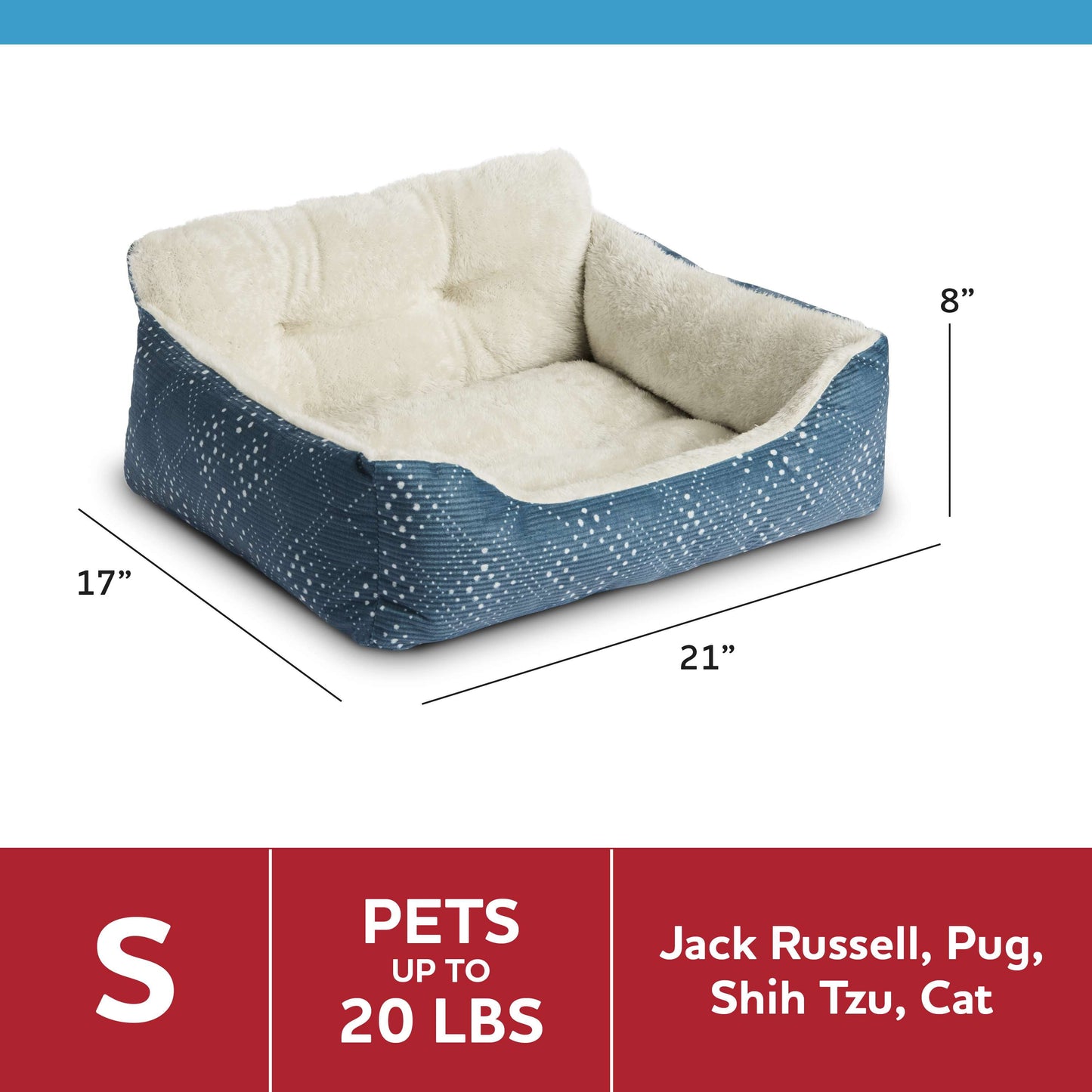 Lounger Small Dog or Cat Bed, Blue 21" X 17"